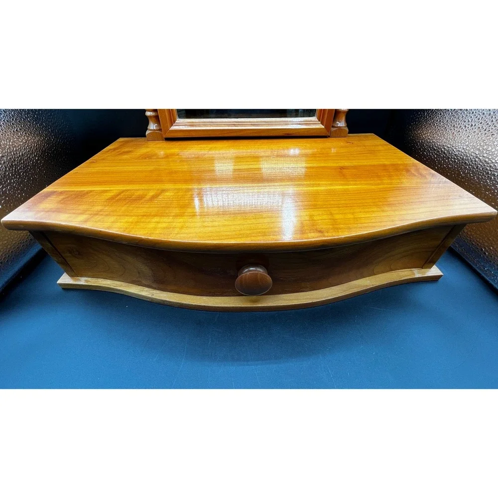 Vtg Wood Swivel Vanity Mirror Tabletop Dressing Station Storage Drawer 19x17.75